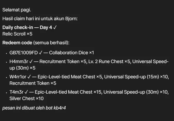 Screenshot of an original daily report for the Bjorn account showing daily check-in results and four redeem codes