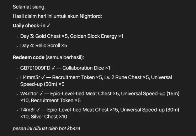 Screenshot of an original daily report for the Nightlord account showing two daily check-in results and four redeem codes