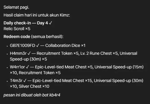 Screenshot of an original daily report for the Kimz account showing daily check-in results and four redeem codes