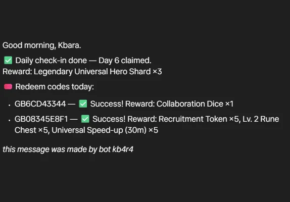 Screenshot of an original daily report for the Kbara account showing daily check-in results and two redeem codes